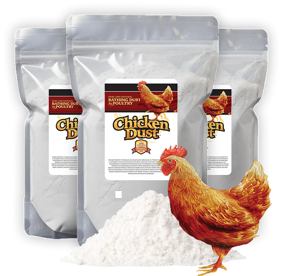 Three packages of Chicken Dust with a rooster and dust on a white background