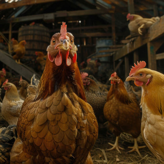 Hens in a barn with a prominent rooster in the foreground.
