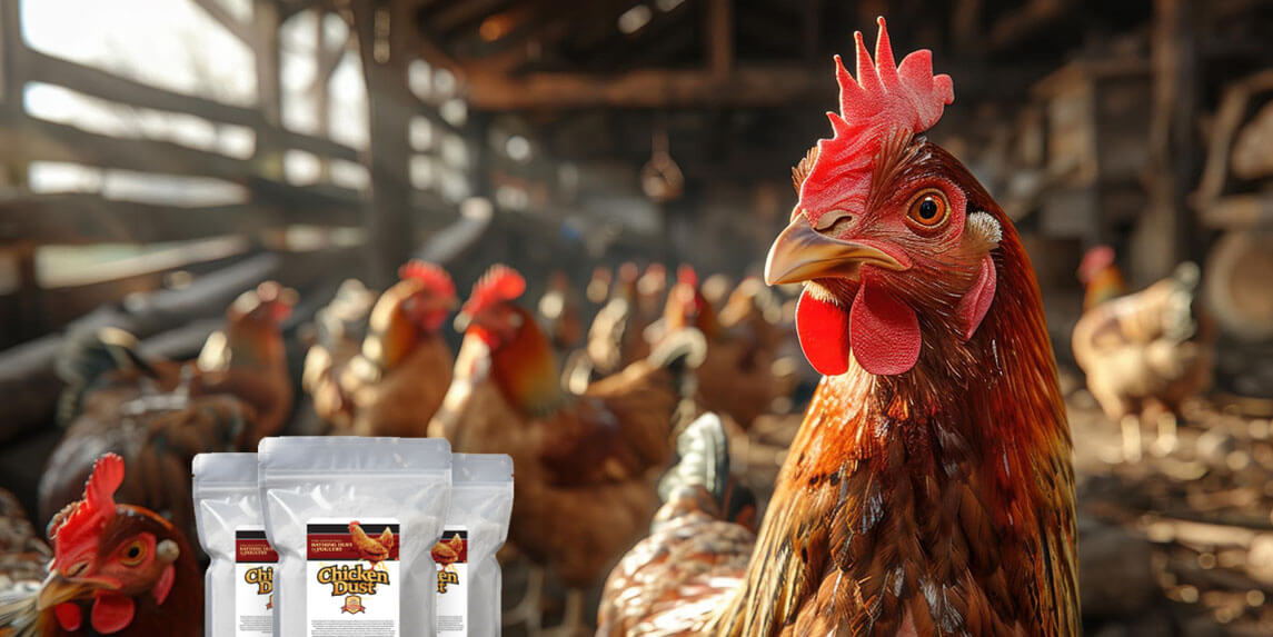 Rooster in a barn with packages of chicken feed in the foreground
