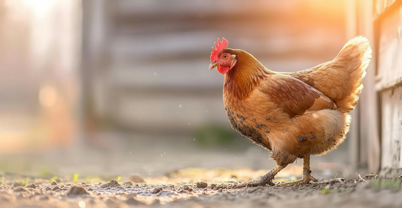 Rooster standing on a dirt path with a blurred background